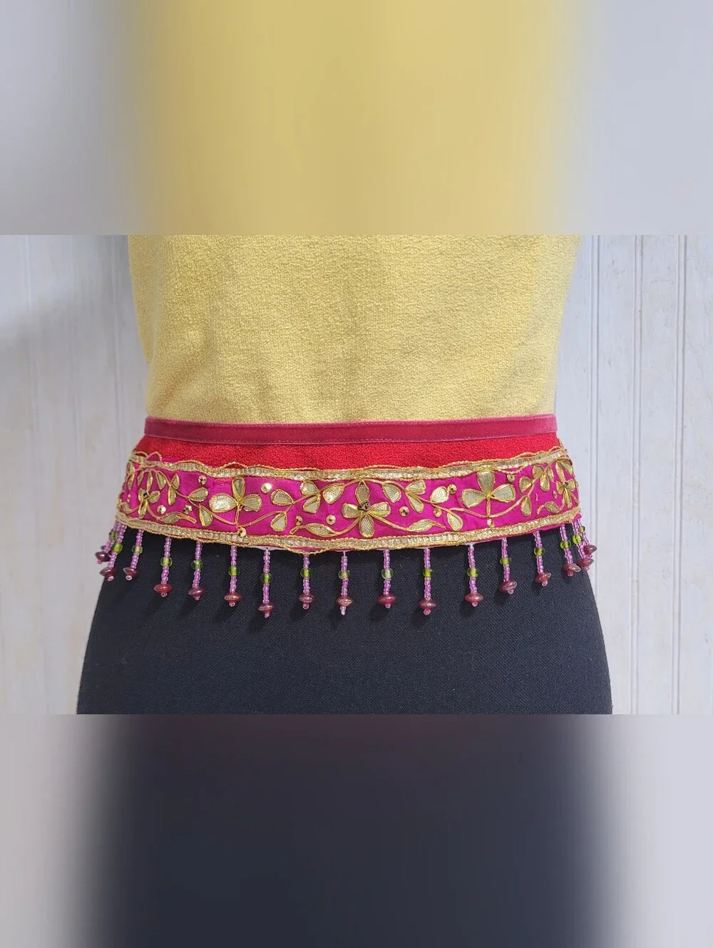 Vintage 90s Y2K Cache Yellow Beaded Fringe Open Back Cami Crop Top Large - Picture 6 of 13